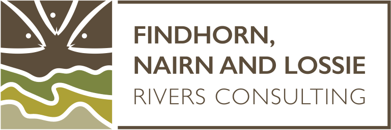 A rectangular logo with a square graphic of three fish and three rivers. Text reads 'Findhorn, Nairn and Lossie Rivers Consulting'