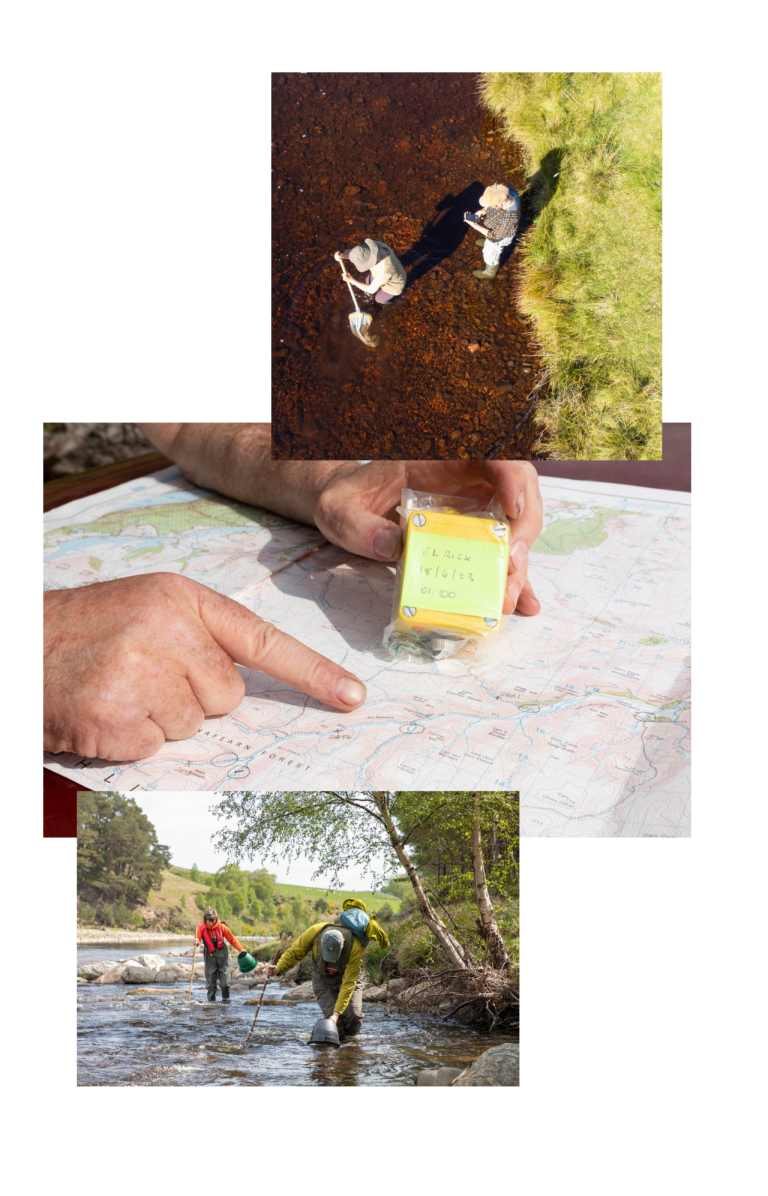 Three images - one of people sweeping a river, one of hands holding a map, one of people walking through the river