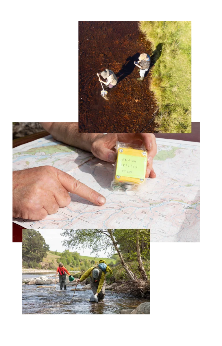 Three images - one of people sweeping a river, one of hands holding a map, one of people walking through the river